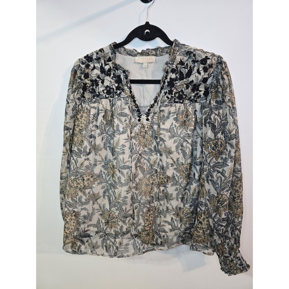 Farmers‎ Market Boho Mixed Print Lace Up Neck Peasant Blouse Size L